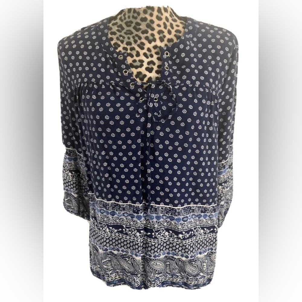 crave fame Blouse women XL boho blue long sleeve henley neck lack up 25L X 24W